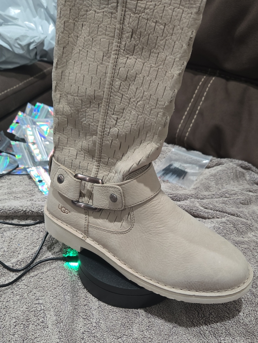 UGG Women's Light Beige Suede Mid-Calf Buckle Boot